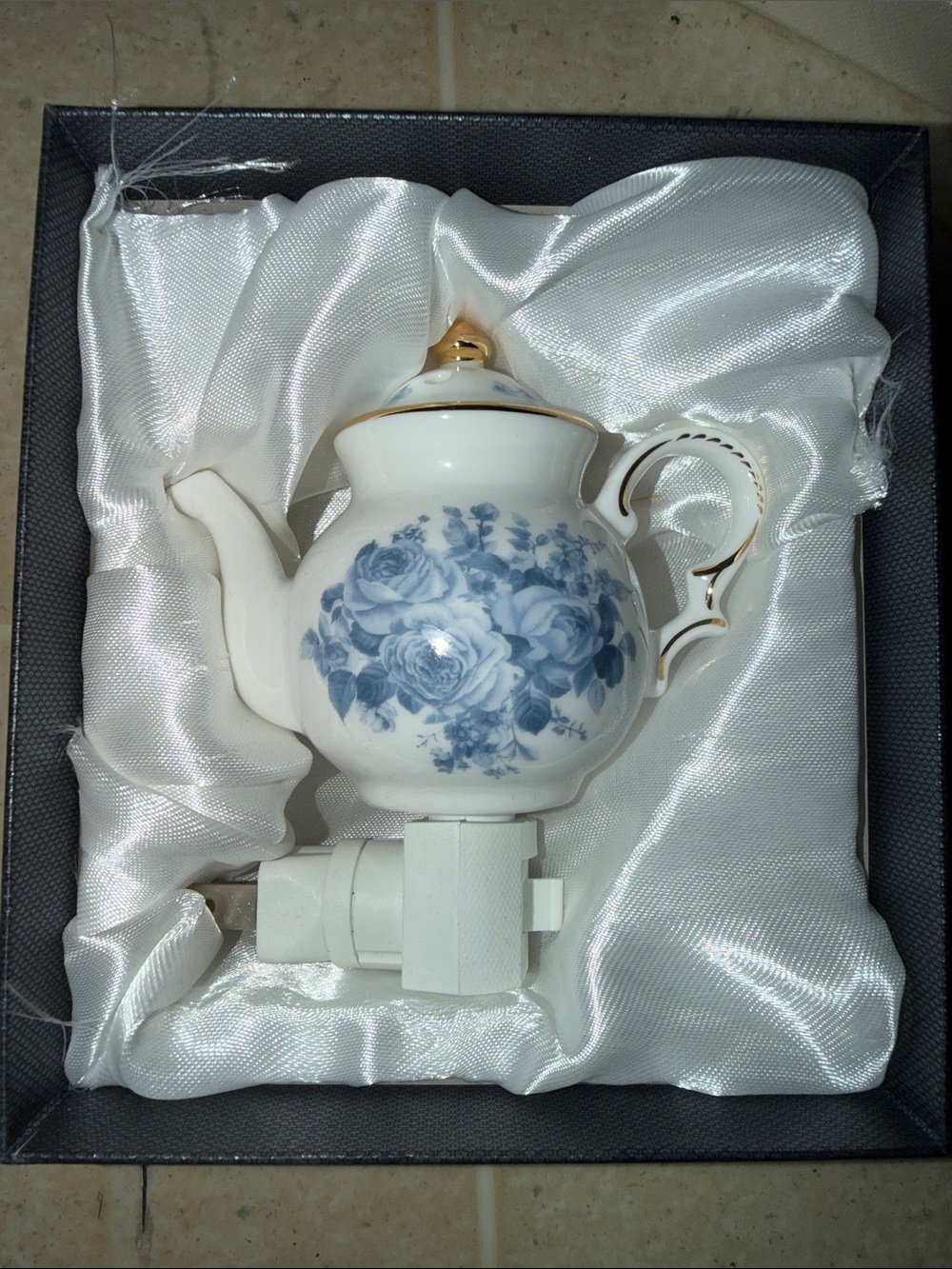Blue Floral Porcelain Teapot Night Light with Gold Trim